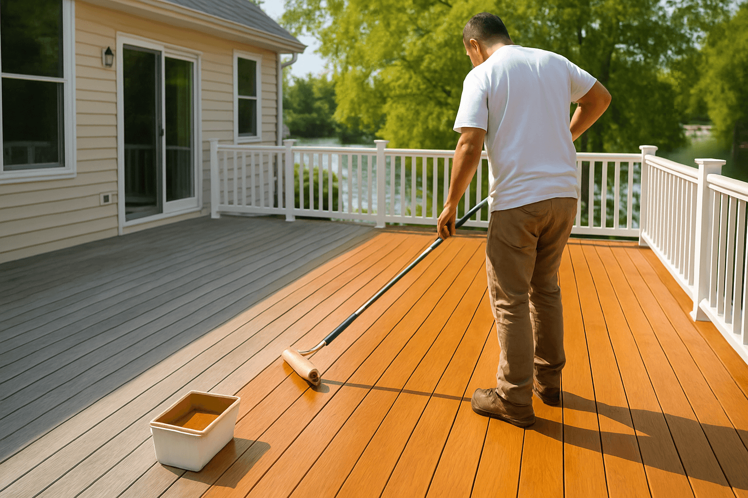 Freshly coated backyard deck in soft late-season light, boards evenly finished