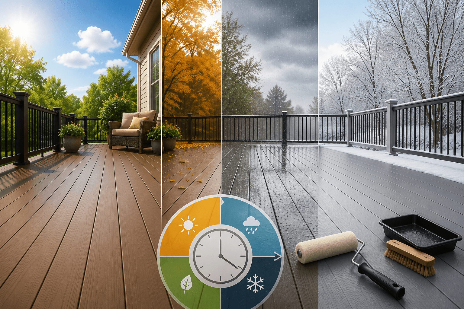Deck shown through four seasons illustrating how a coating wears over time
