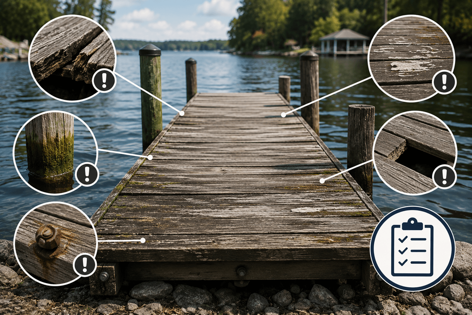 Weathered waterfront dock with callouts marking the signs it needs resurfacing