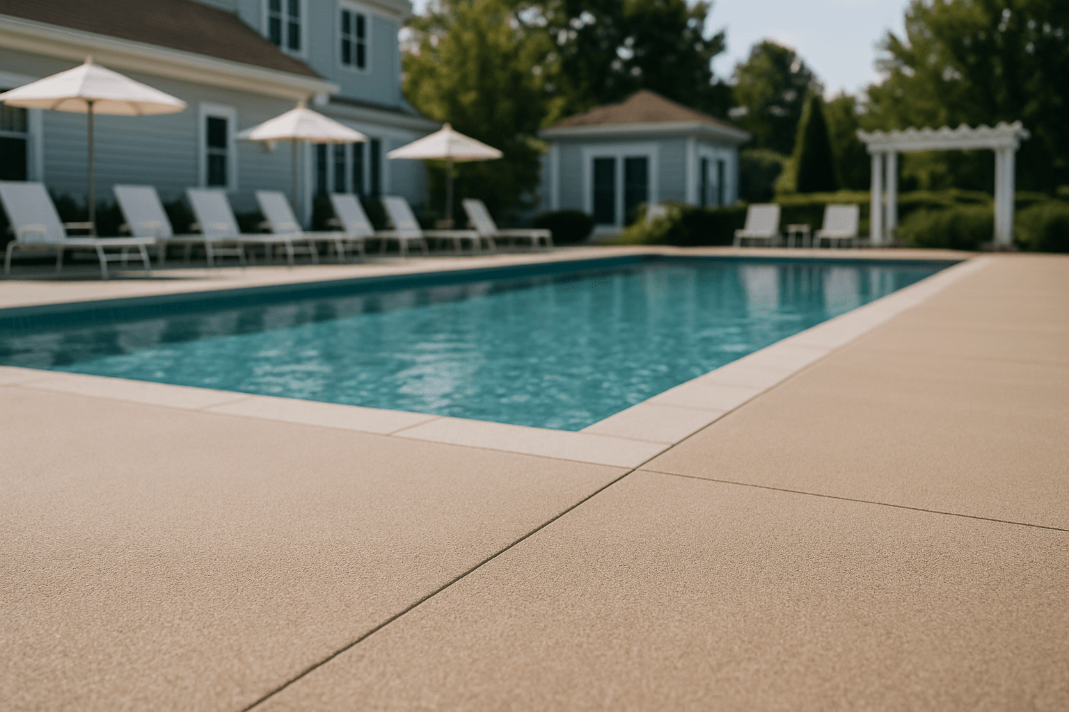 Textured slip-resistant coating on a waterfront dock walkway leading to the water